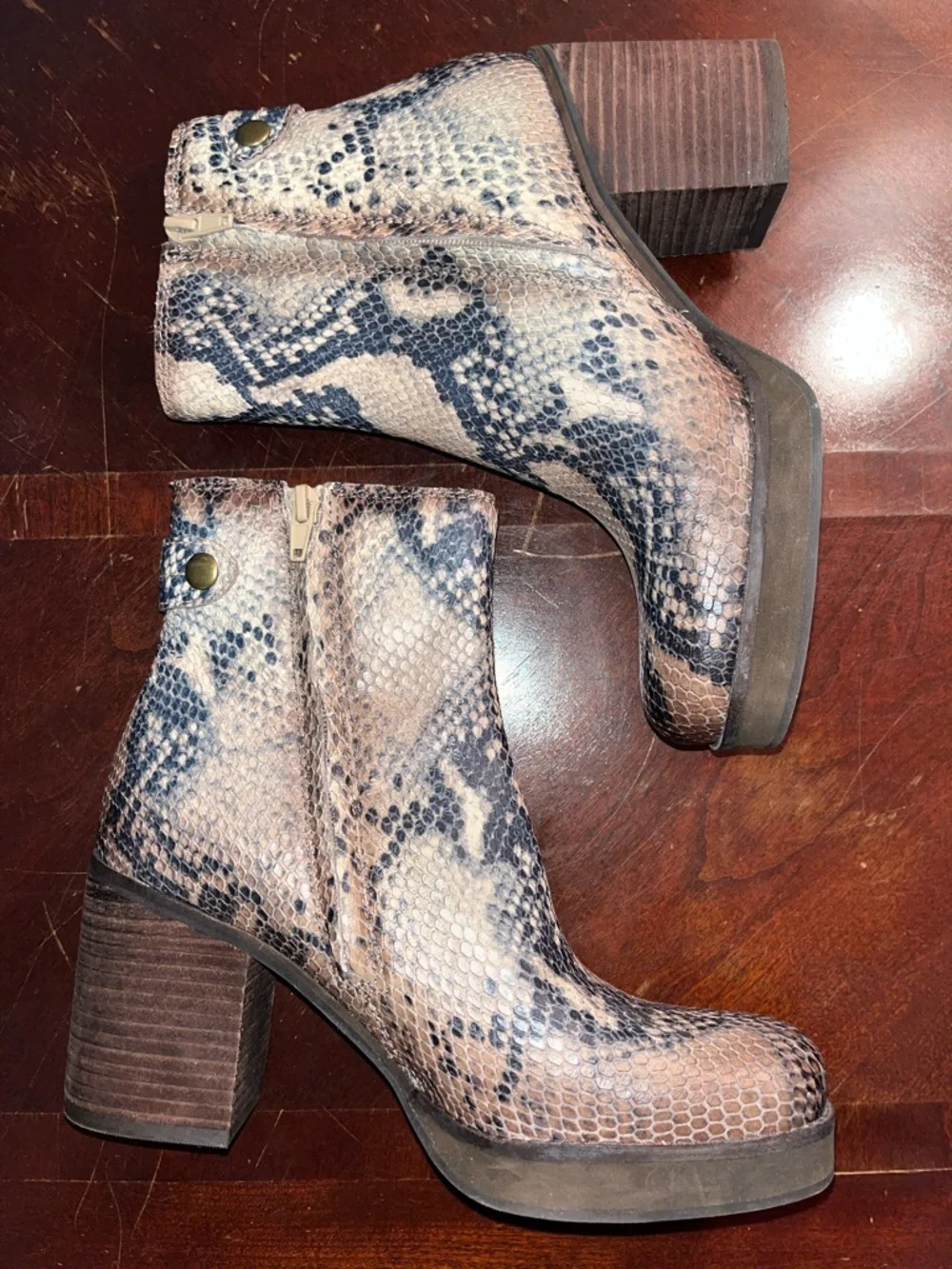 Zodiac Snake-Print Platform Ankle Boots in Brown and Black